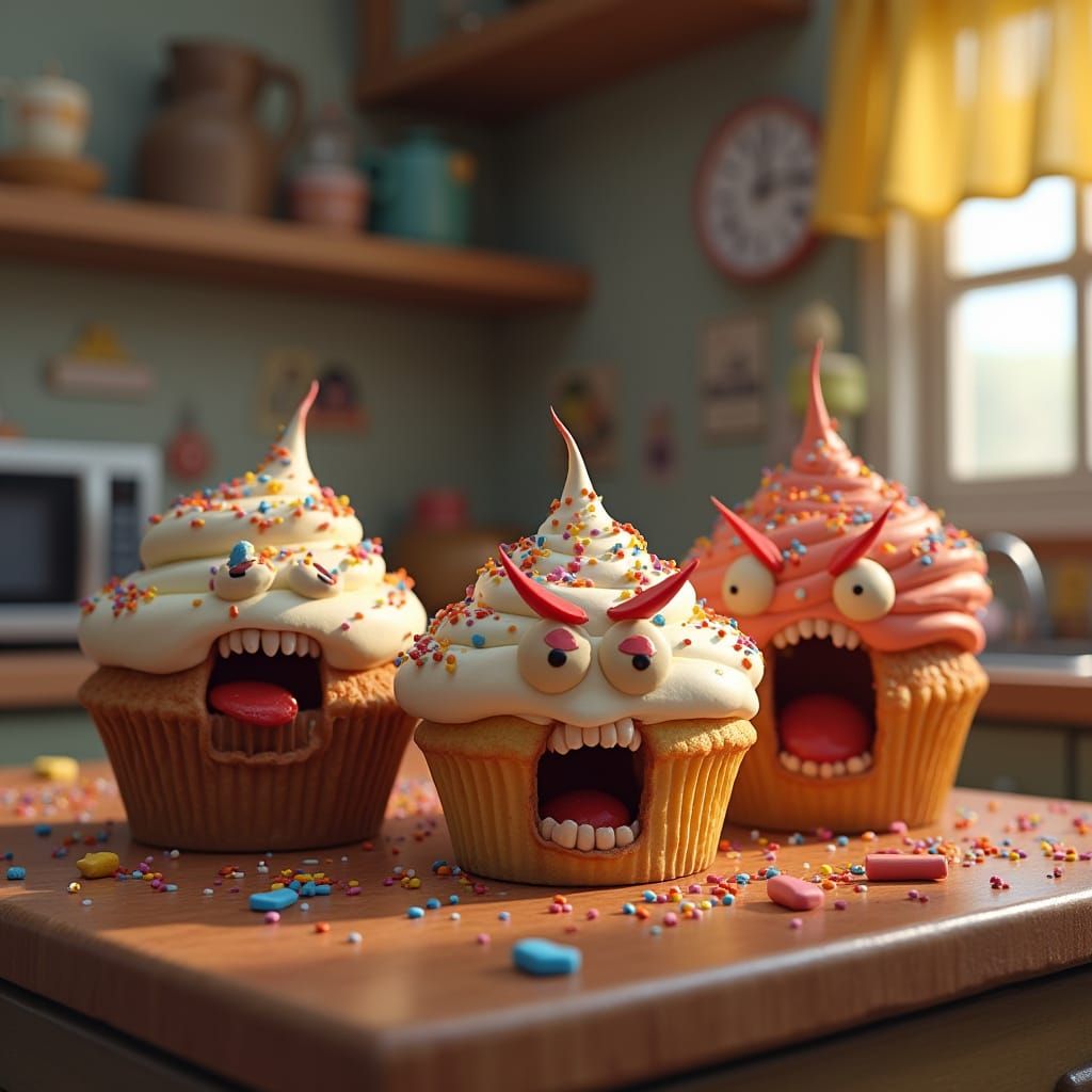 Angry Screaming Cupcakes in Detailed 3D CGI Style