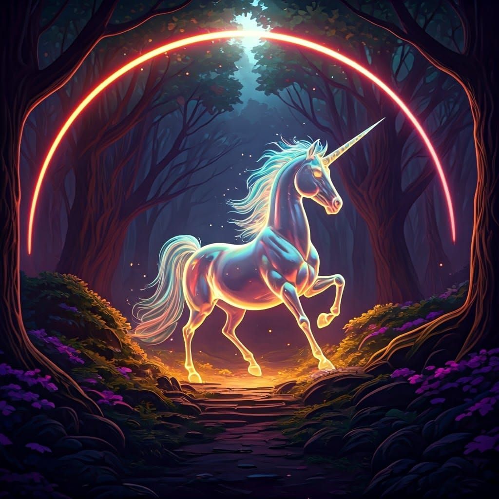 Glowing Unicorn in Fluorescent Forest: Dark Fantasy Art