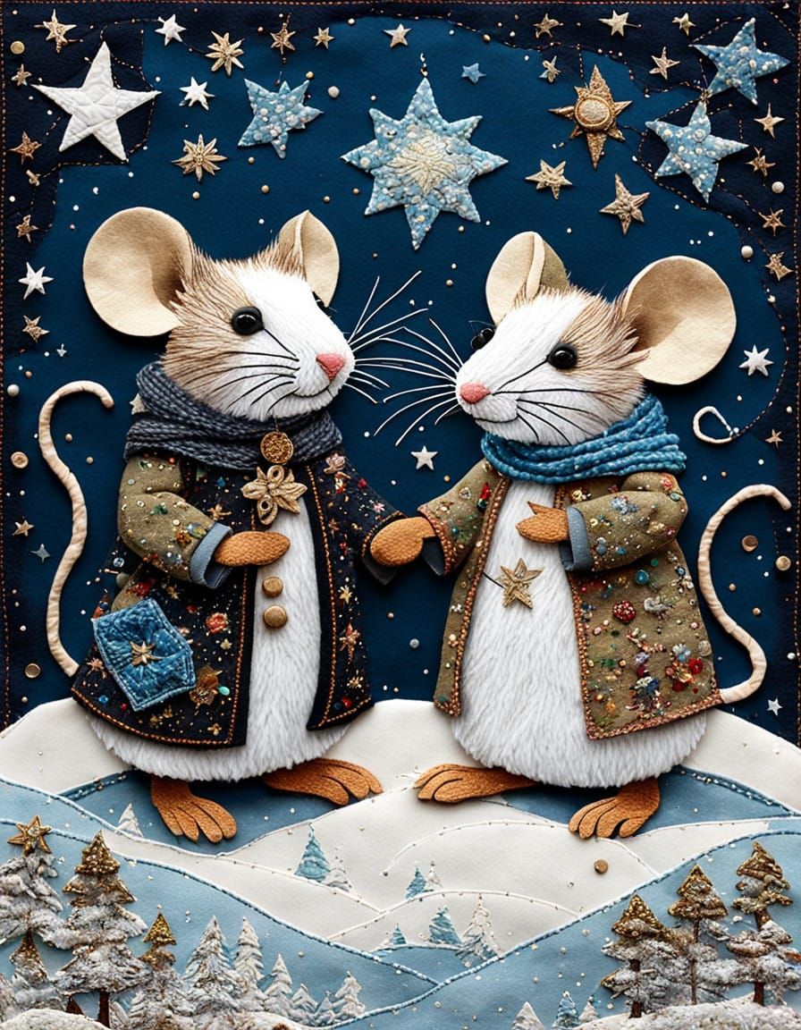 Whimsical Medieval Mice in Starry Embroidered Collage
