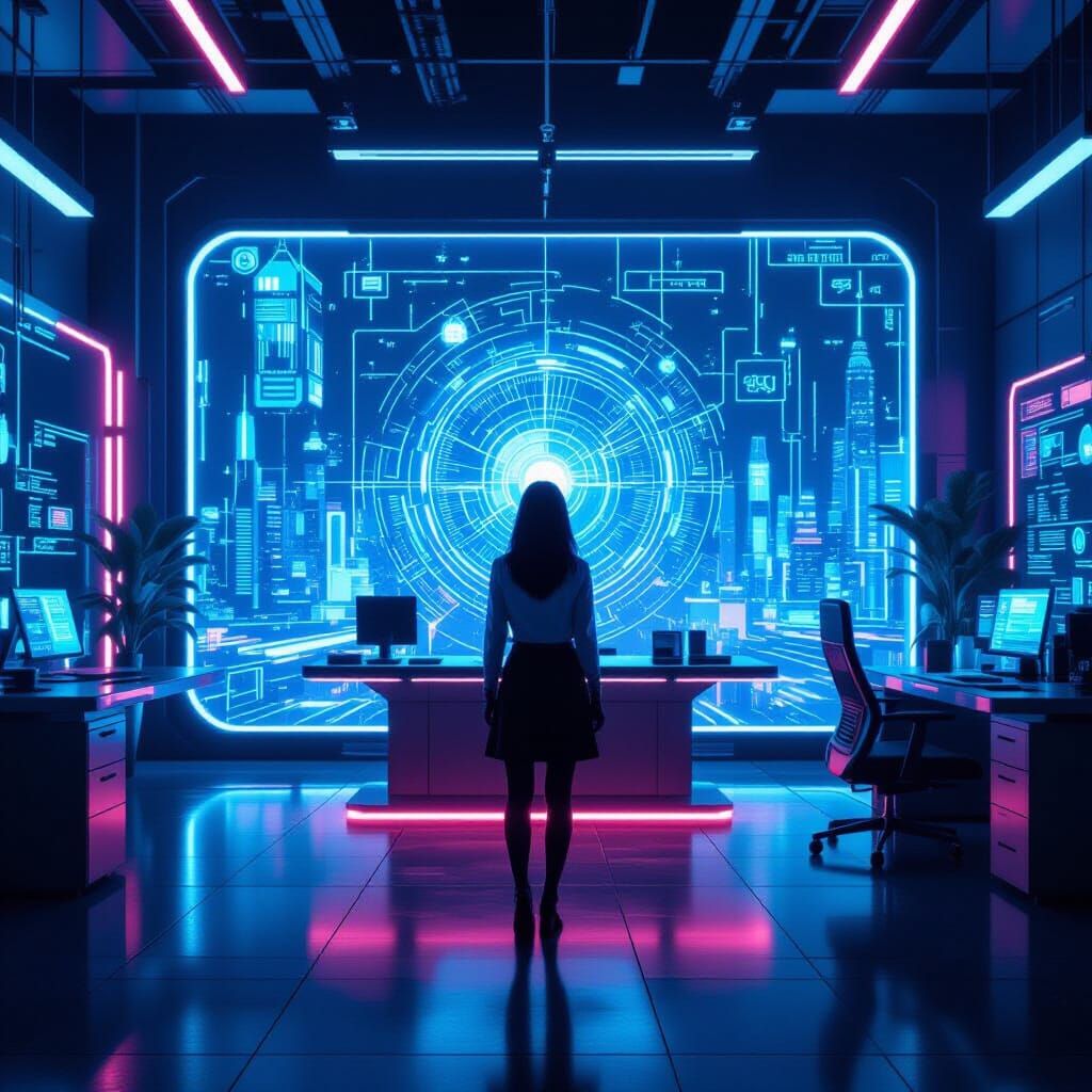 Futuristic Office with Holographic Screen in Cyberpunk Style