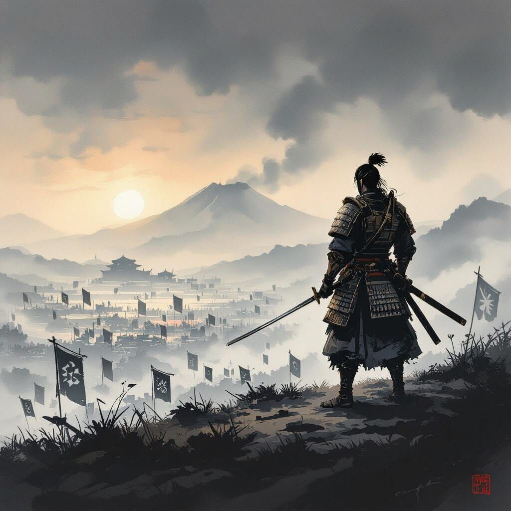 Samurai Warrior on Mountaintop in Japanese Ink Style