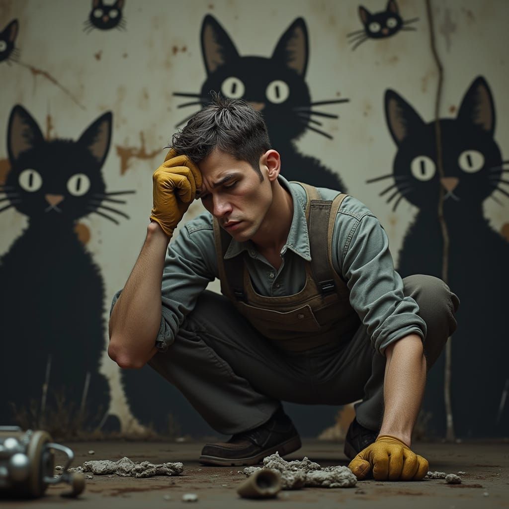 Confused Mechanic in Retro Surreal Scene