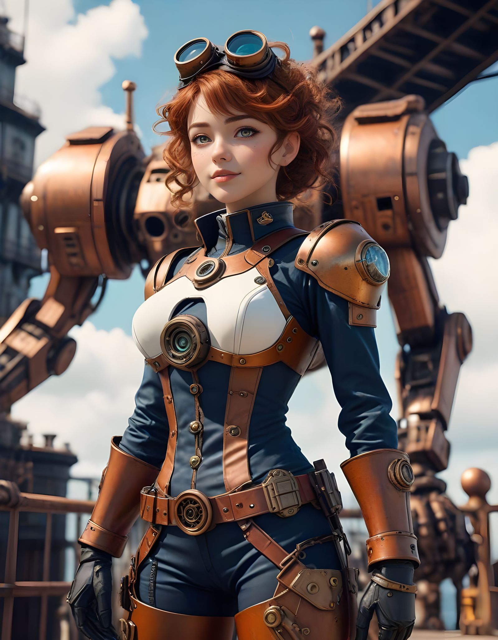 Steampunk Pilot and Her Mech in Anime Style