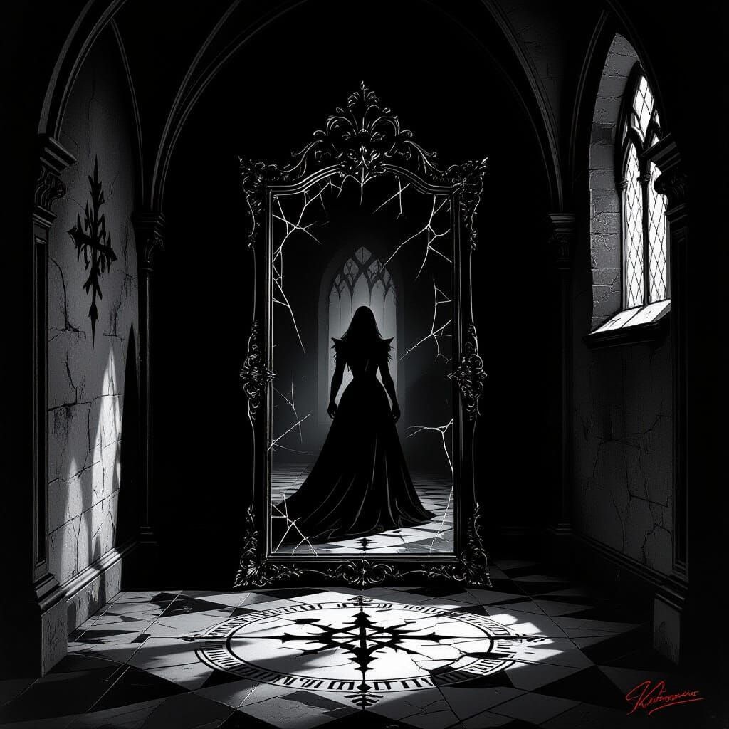 Gothic Mirror Portal to Vampire Reality - Dark Fantasy Art