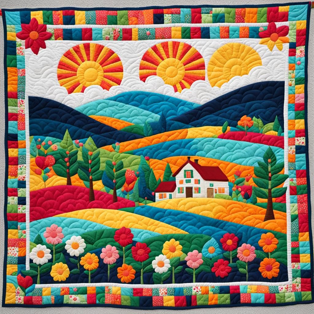Cheerful Farm Landscape Quilt Art