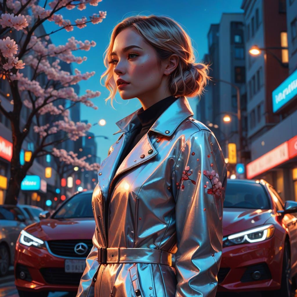 Sleek Convertible Car in City Twilight, Chic Young Woman Lea...