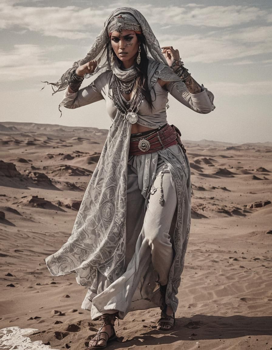 Arabian Assassin in Morocco Desert: Cinematic Still