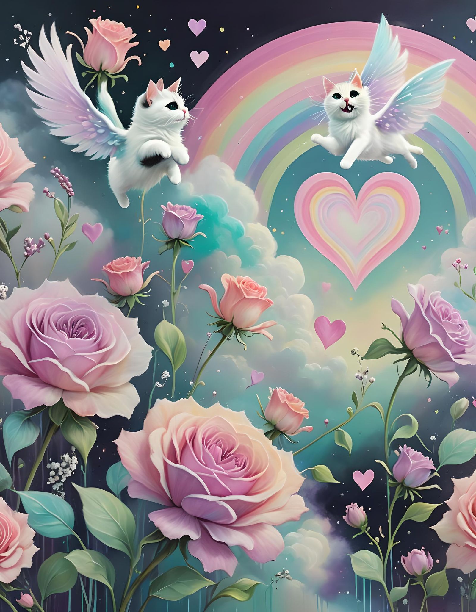 Miniature Cat Angels Soar in Vibrant Pastel Skies