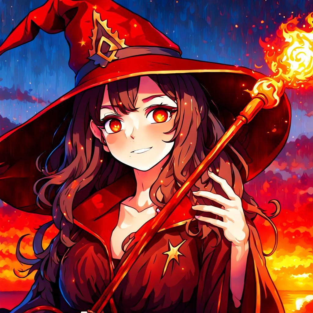 Anime Fire Wizard with Magic Staff at Sunset