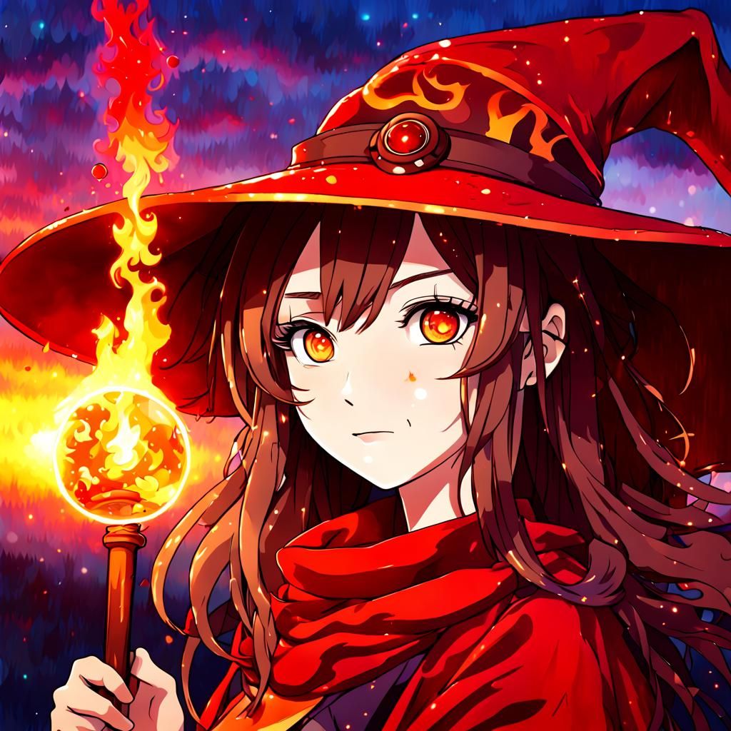 Anime Fire Wizard with Magic Staff at Sunset