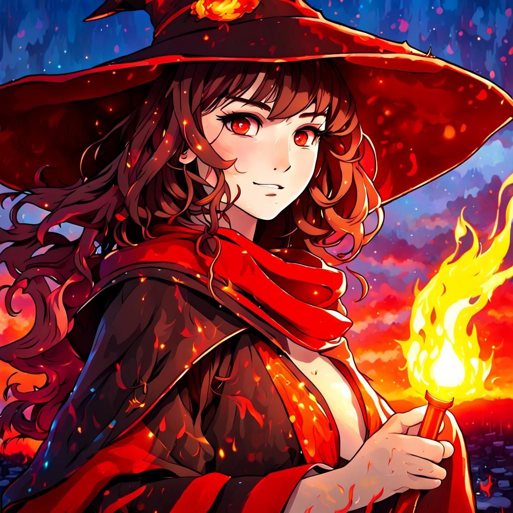 Anime Fire Mage with Magic Staff and Fire Powers