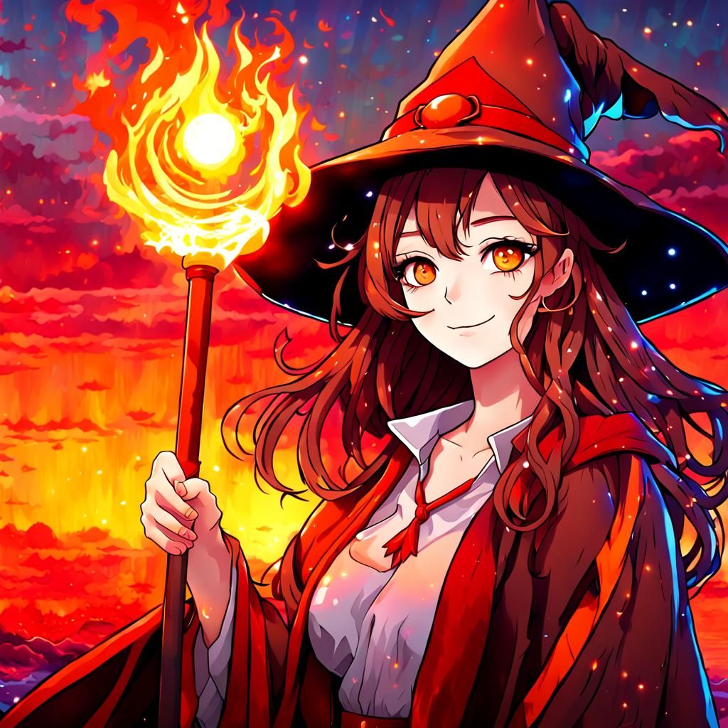 Anime Fire Wizard with Magic Staff and Sunset