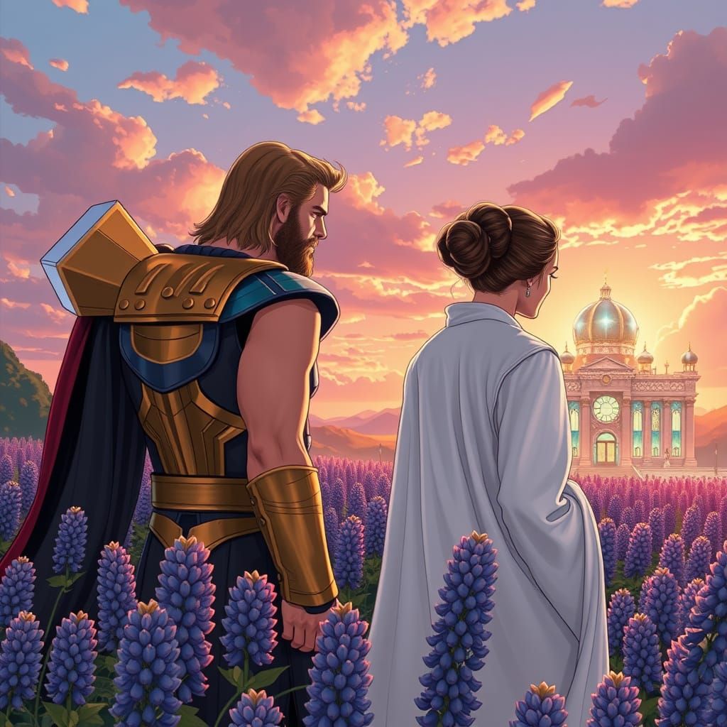 Thor and Princess Leia Stand Amidst Lupines in a Vibrant Cry...