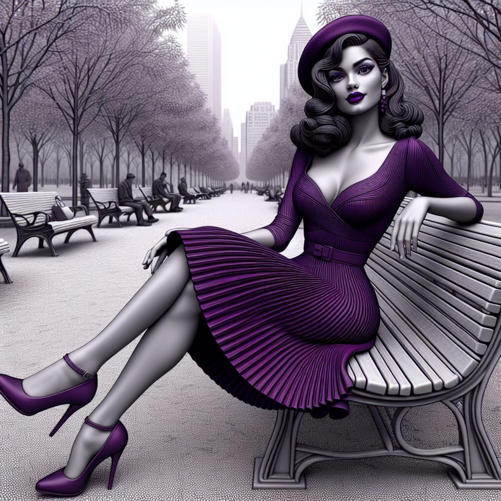 A Disney Pixar style 3D digital illustration of a gorgeous woman in grayscale, sitting on a park bench with her legs cro...