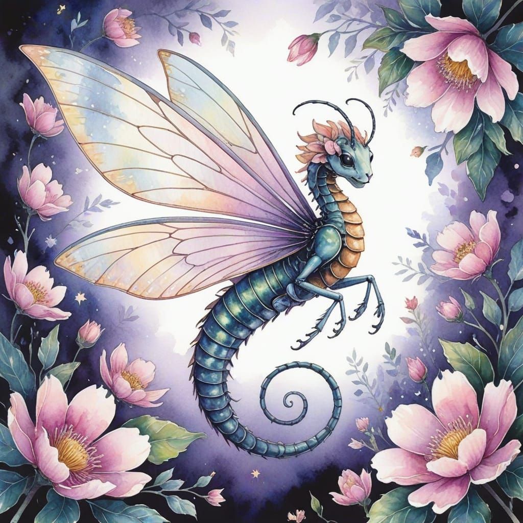 Insect-Human Chimera in Watercolor Flower Meadow