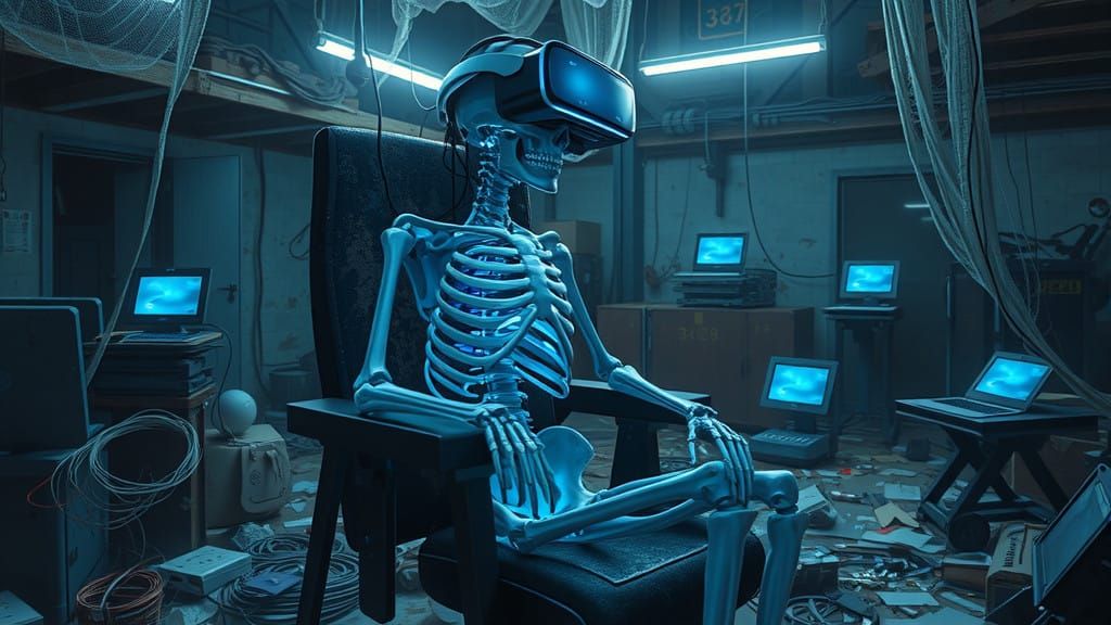 Cyberpunk Skeleton in Abandoned Futuristic Lair