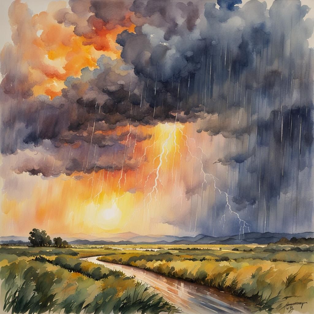 Watercolor Landscape with Thunderstorm and Rain