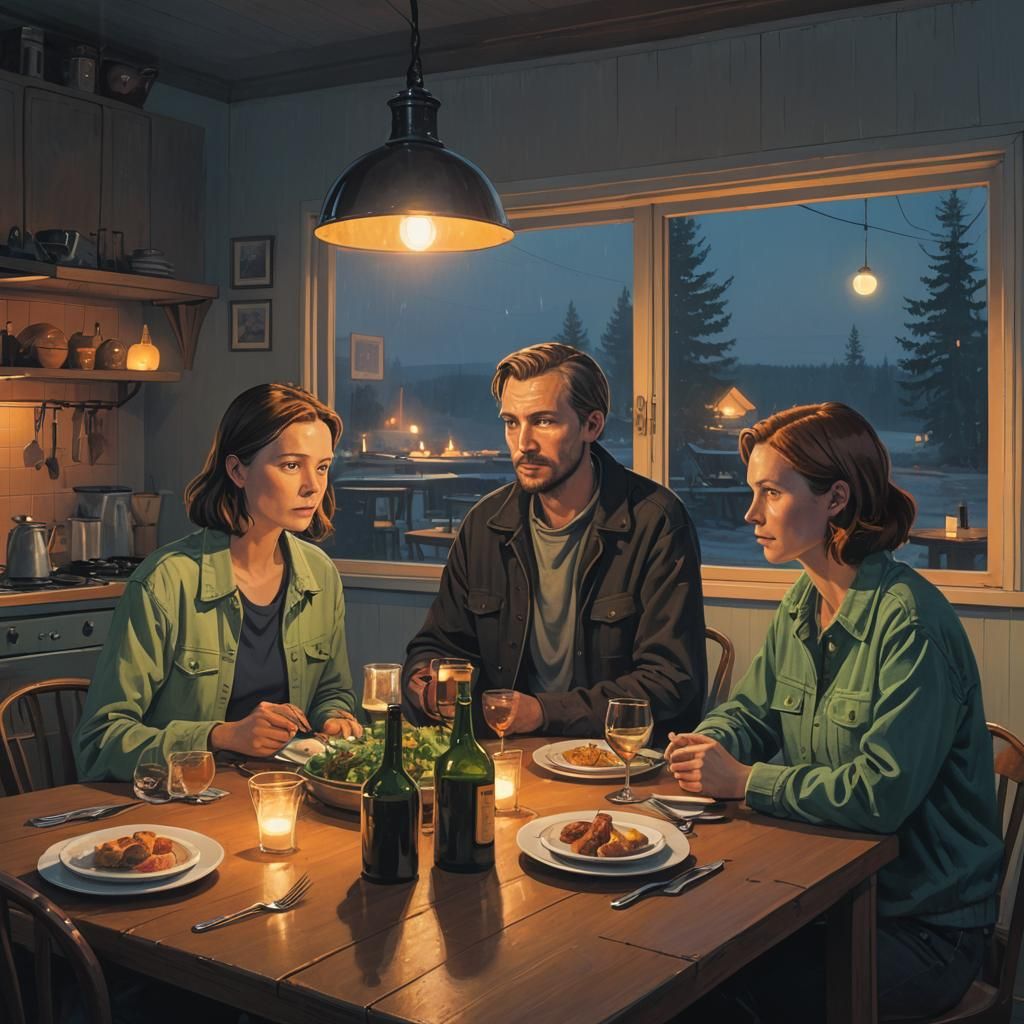 Couple at Dinner, Stålenhag-Inspired Sci-Fi Art