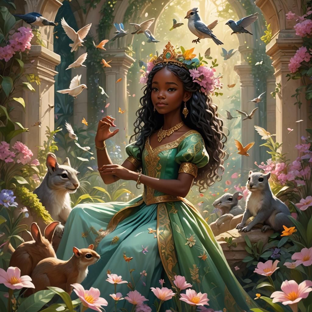 African Princess in Fantasy Garden Illustration