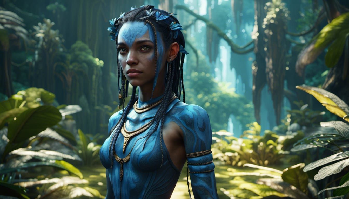 Avatar Girl in Blue Jungle: Detailed Matte Painting