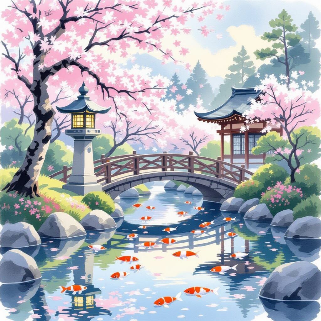 Ukiyo-e Spring Garden with Cherry Blossoms and Koi Pond