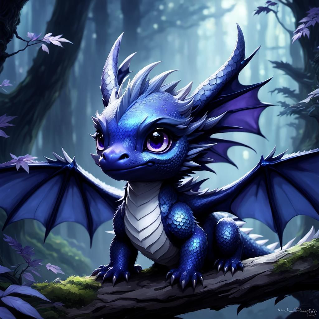 Chibi Navy Dragon in Enchanting Forest