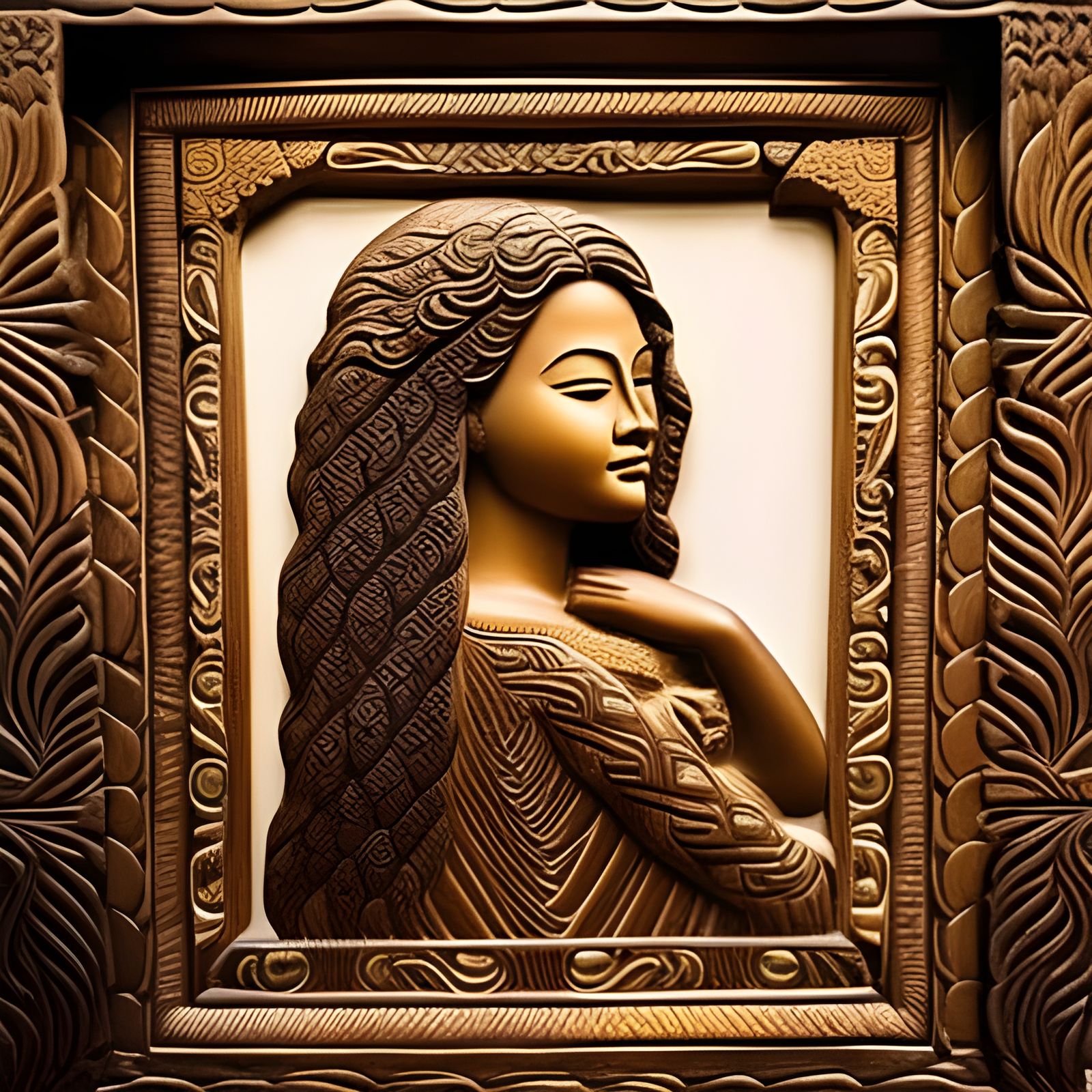 Detailed Wood Relief Carving: Girl with Blue Hair
