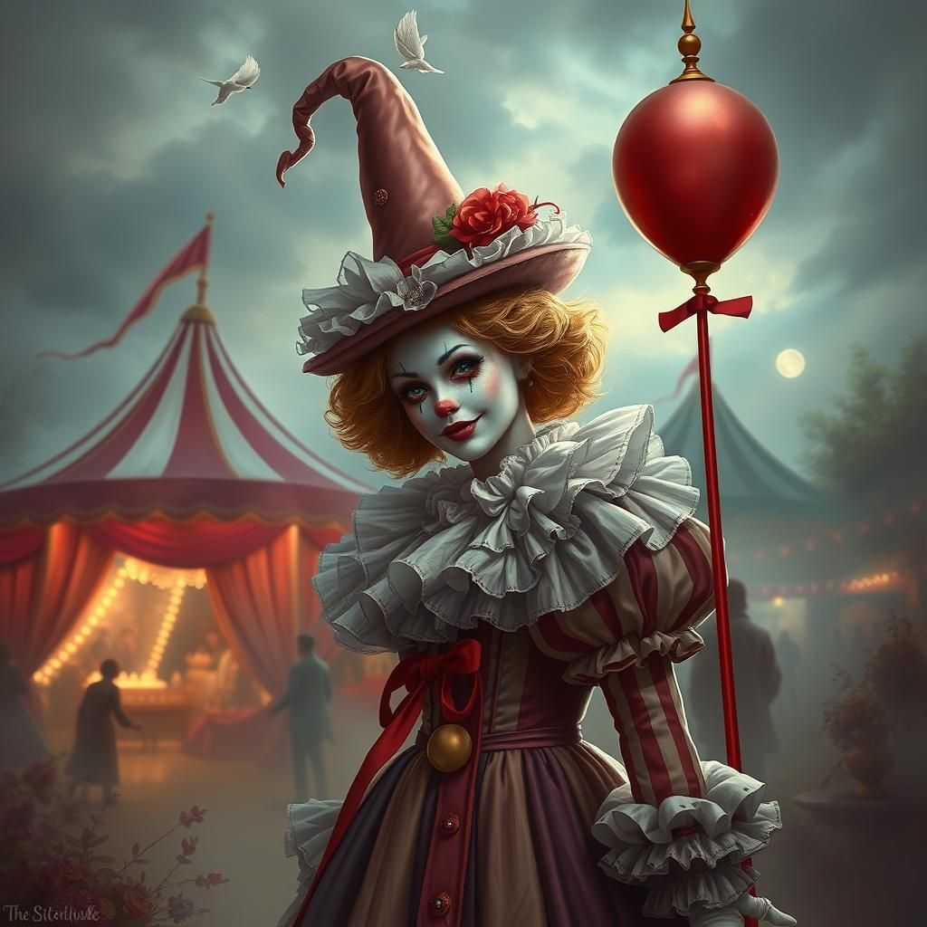 Girl as Clown in Fantasy Carnival Scene