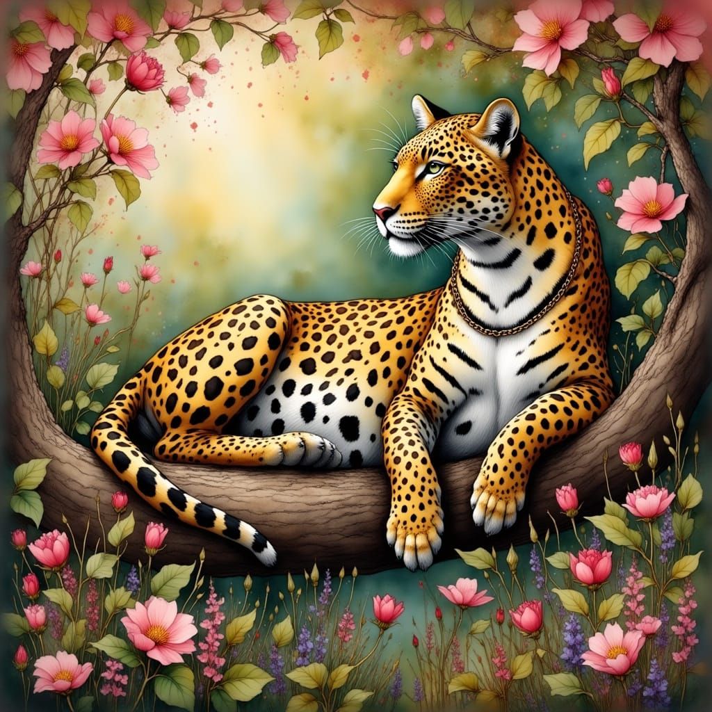 Leopard in Dreamlike Garden of Pink Flowers