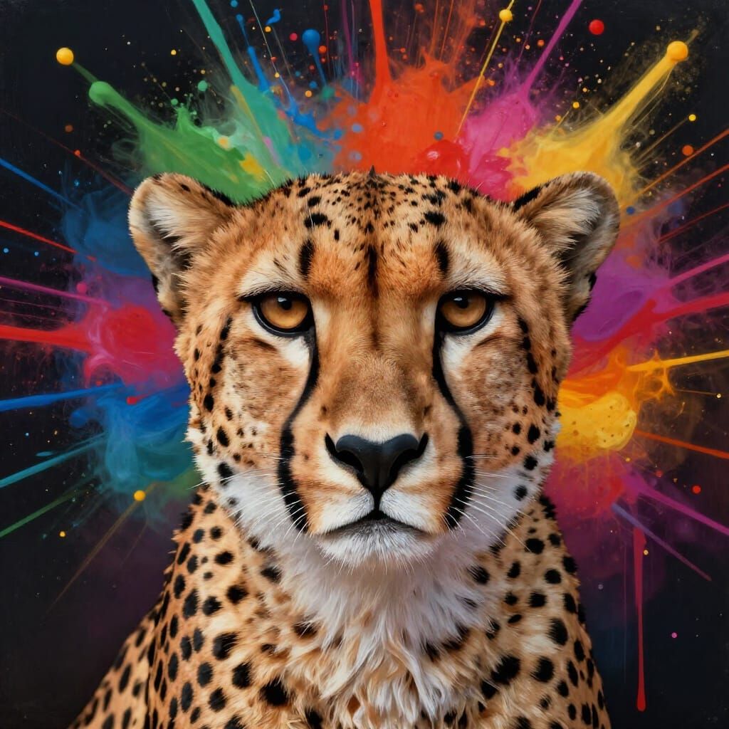 Cheetah Portrait with Explosive Paint Splatter Background