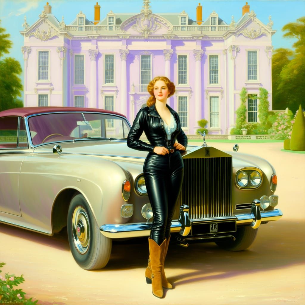 Rococo Painting of Woman in Leather Beside Rolls Royce