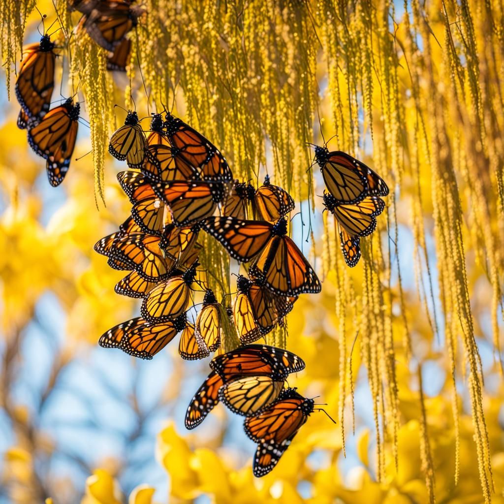 Monarch Butterflies Clustering on Willow Tree in Bokeh Fores...
