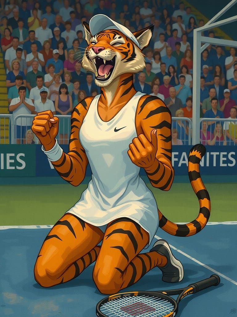 Anthropomorphic Tiger Tennis Player Victory Celebration