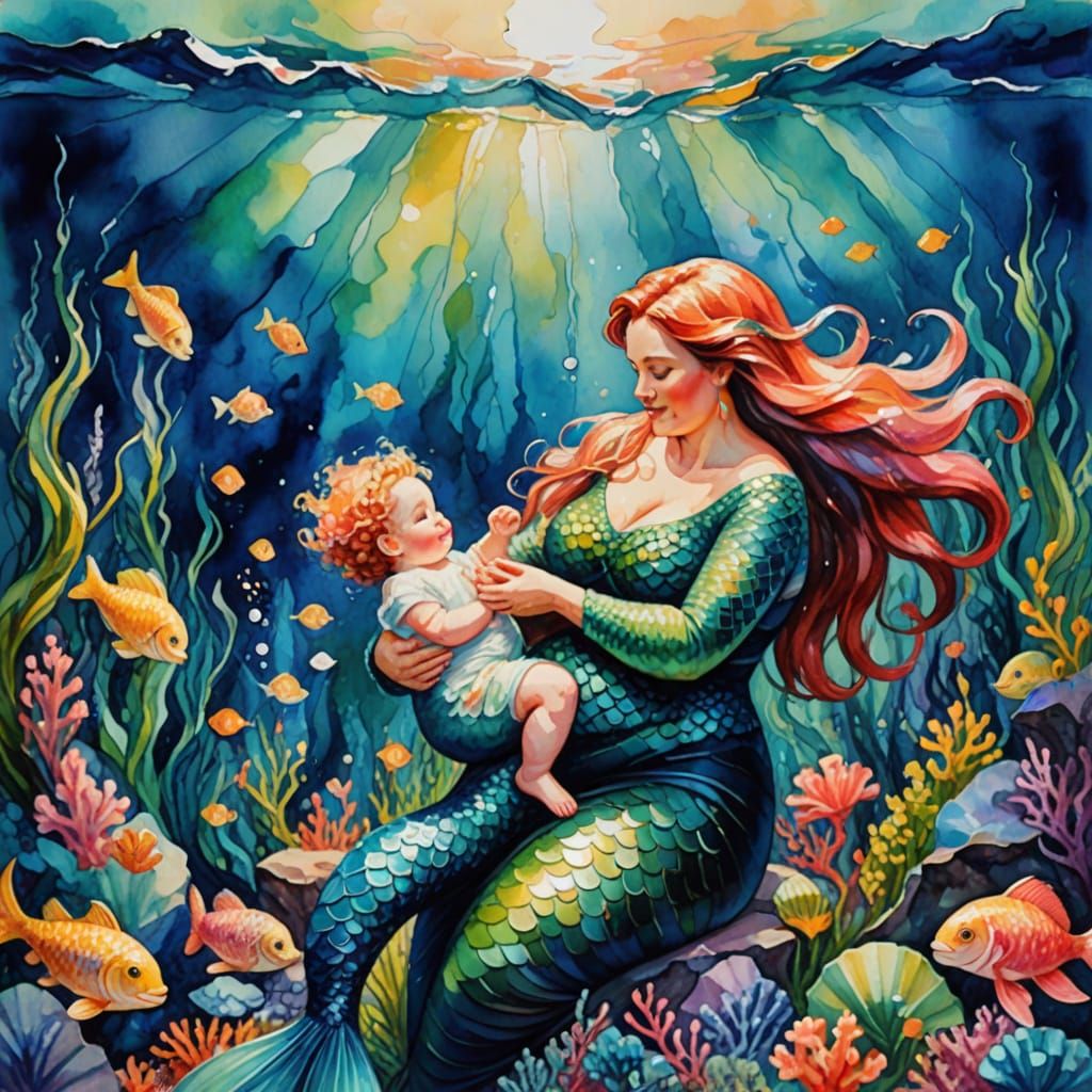 Impressionist Mermaid Masterpiece with Baby
