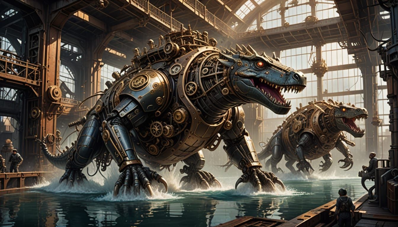 Mechanical Crocodile in Steampunk Landscape