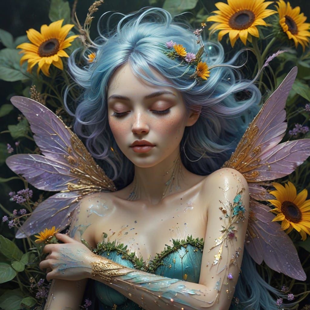 Elegant Elf Maiden Basks in Sunflower Glory