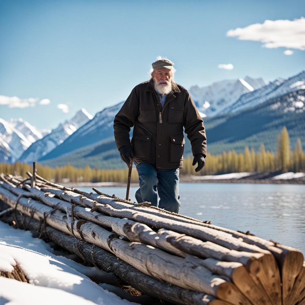 close up of old man trying to cross Yukon river on log jam o...