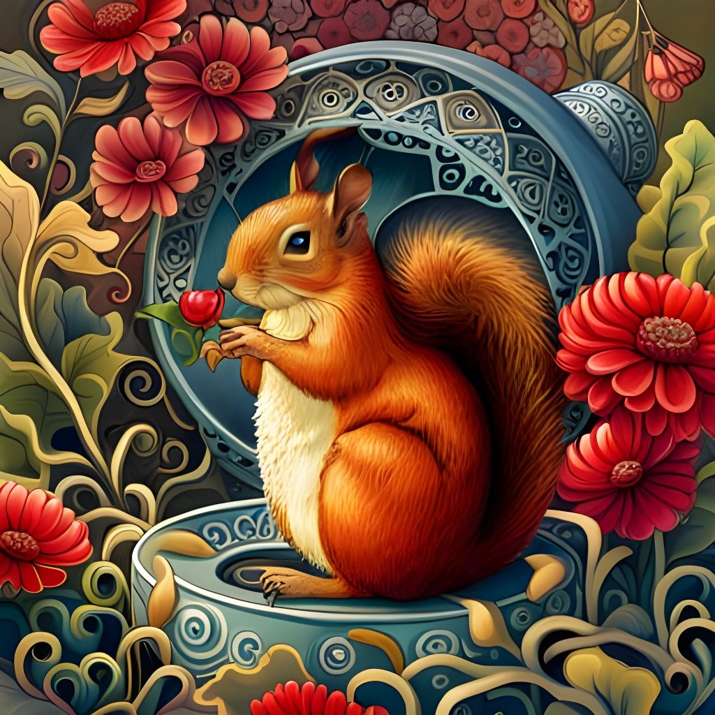 Squirrel in Flower Garden: Acrylic Pour Style