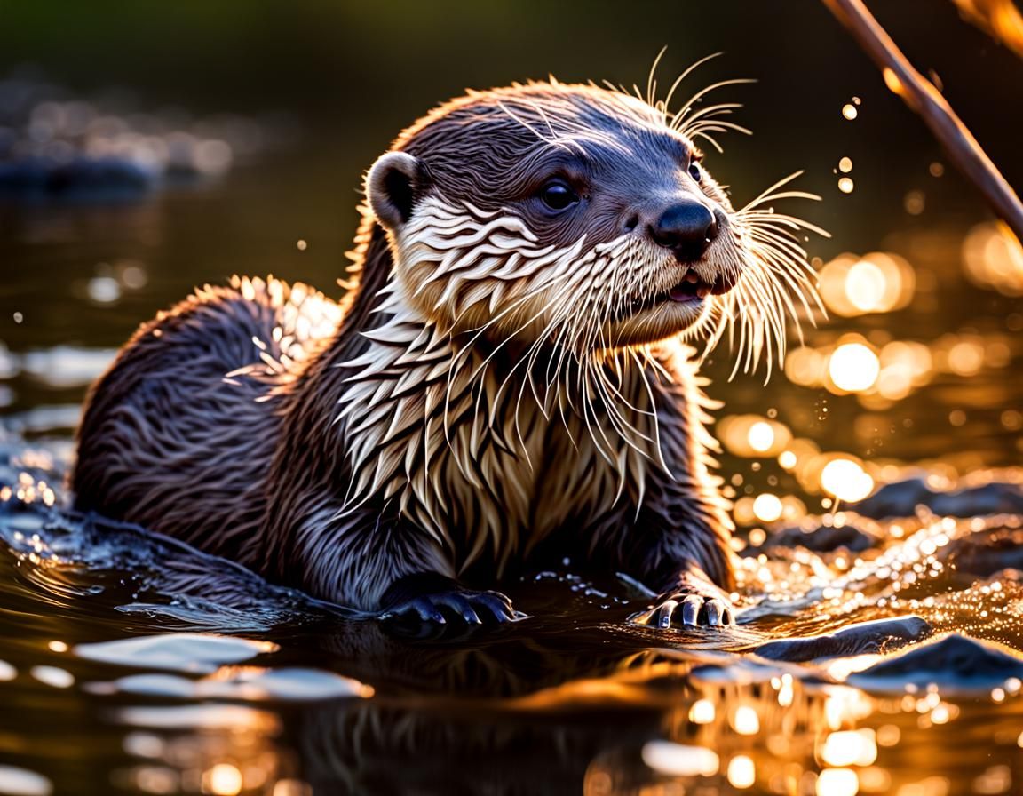 Adorable Otter Pups Play in Lake at Golden Hour