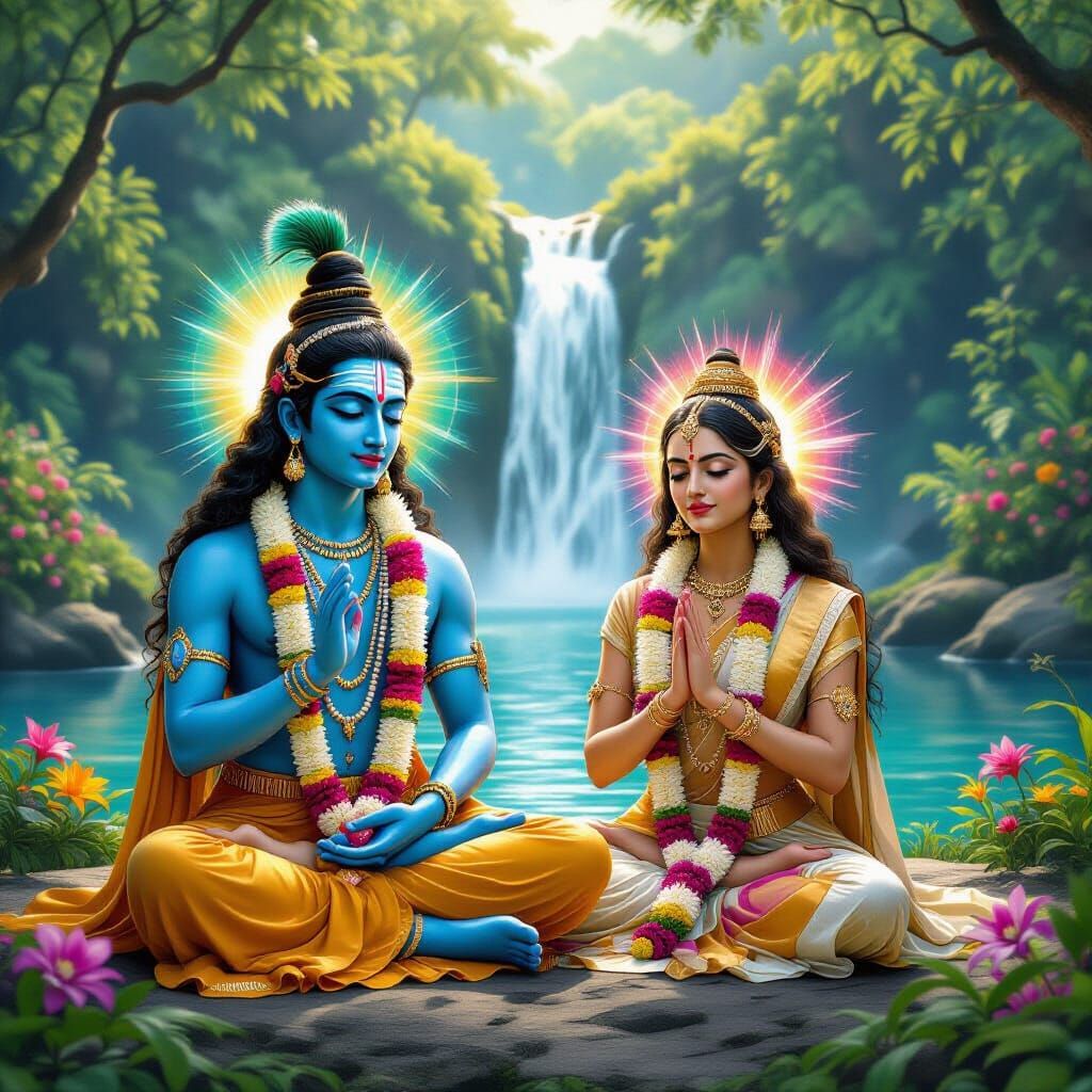 Blue-Skinned Hare Krishna Devotees Meditating by Jungle Wate...