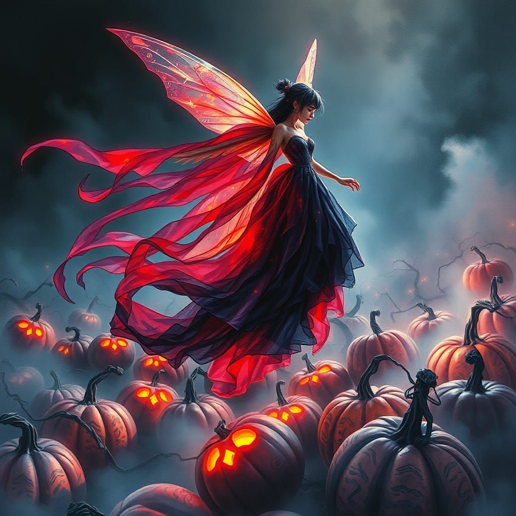 Ethereal Fairy Over Bioluminescent Pumpkin Patch in Cyberpun...