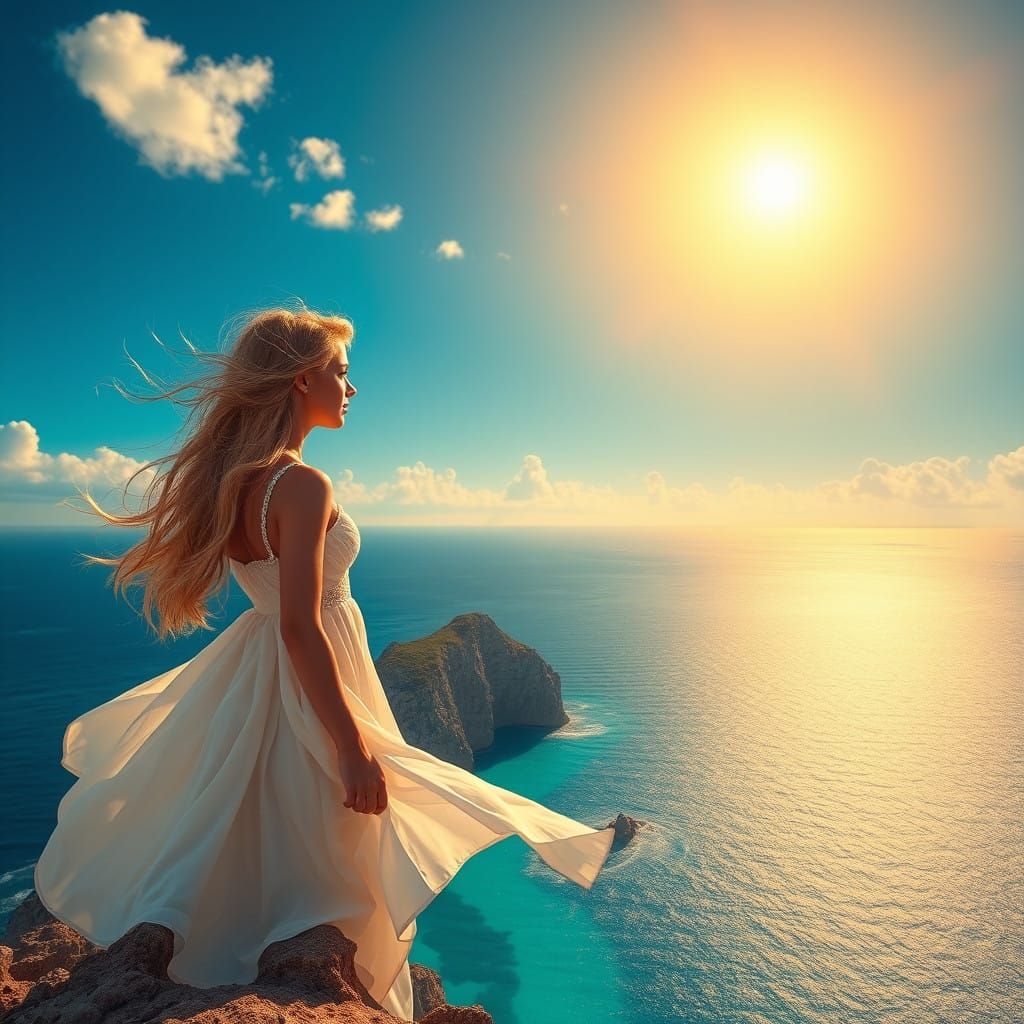 Blonde Goddess Overlooking Turquoise Caribbean Ocean in Drea...