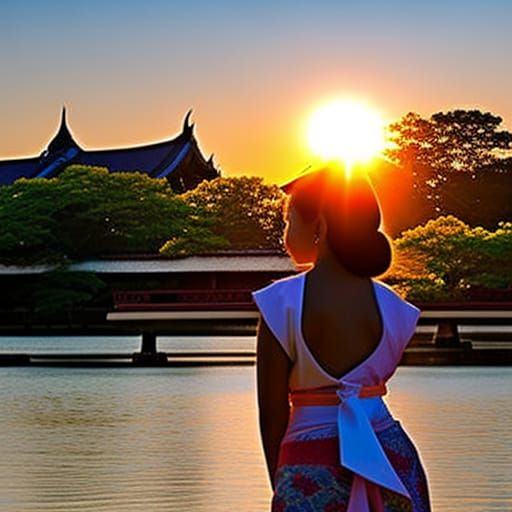 Thai Girl in Kimono at Buddhist Temple Sunset