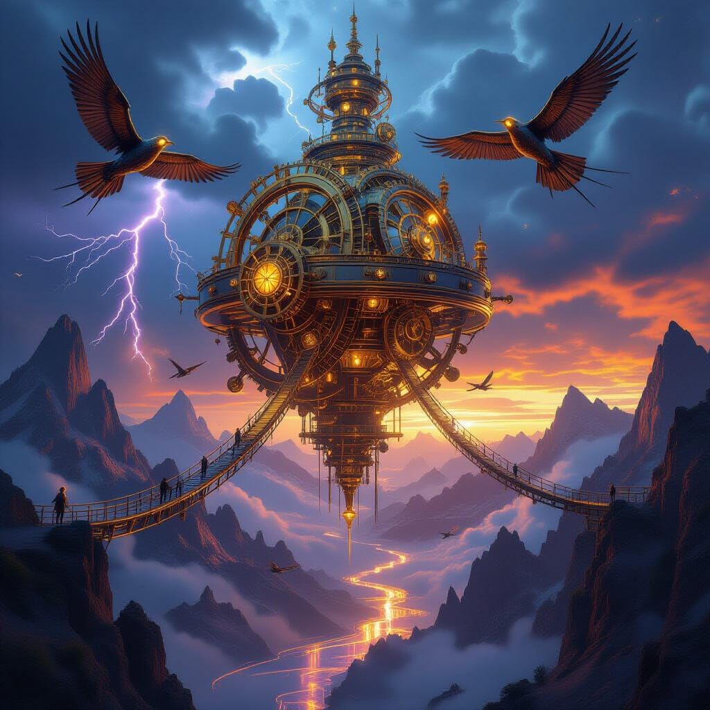 Colossal Clockwork Citadel in Stormy Twilight Sky