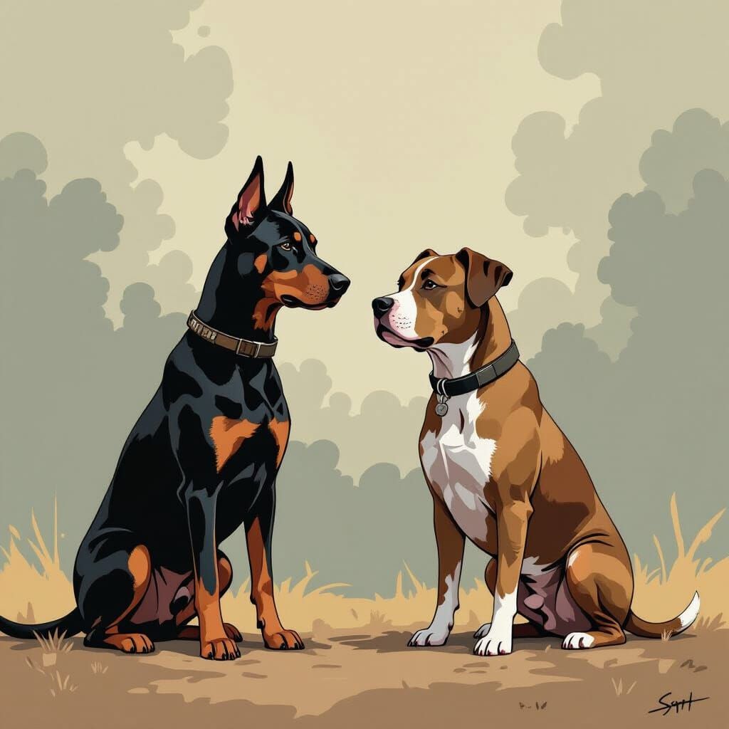 Doberman and Pitbull Face-Off in Atmospheric Art