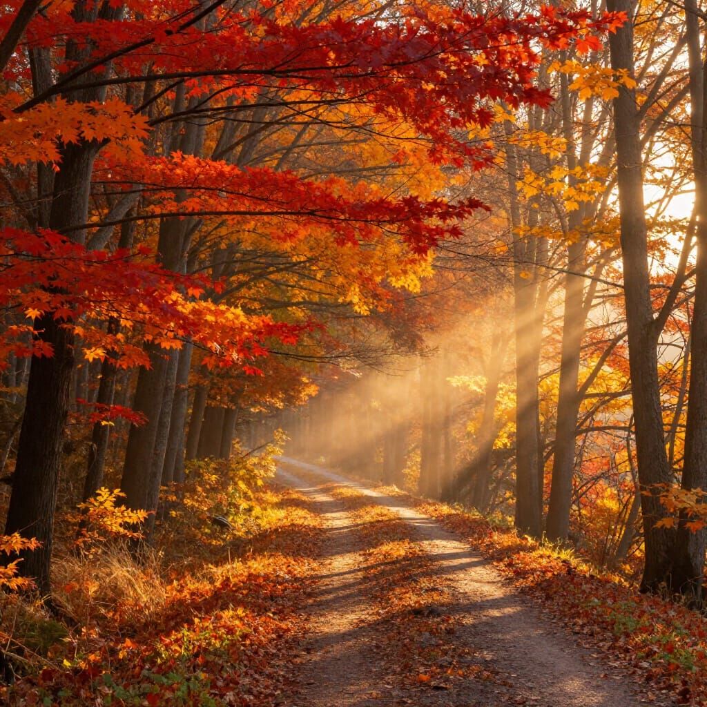 Photorealistic Autumn Forest Path at Golden Hour