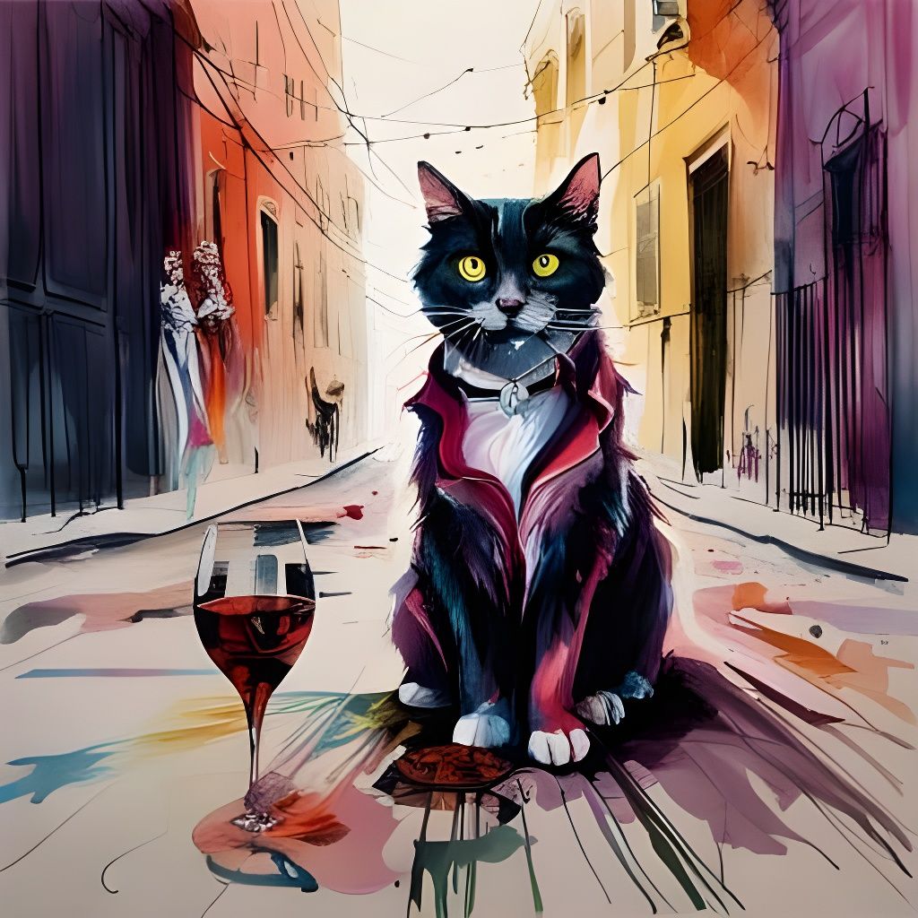 Sophisticated Feline Sipping Wine in Alley, Comic Book Art