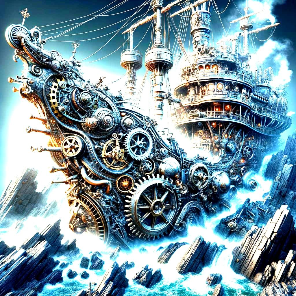 Steampunk Shipwreck on Jagged Rocks