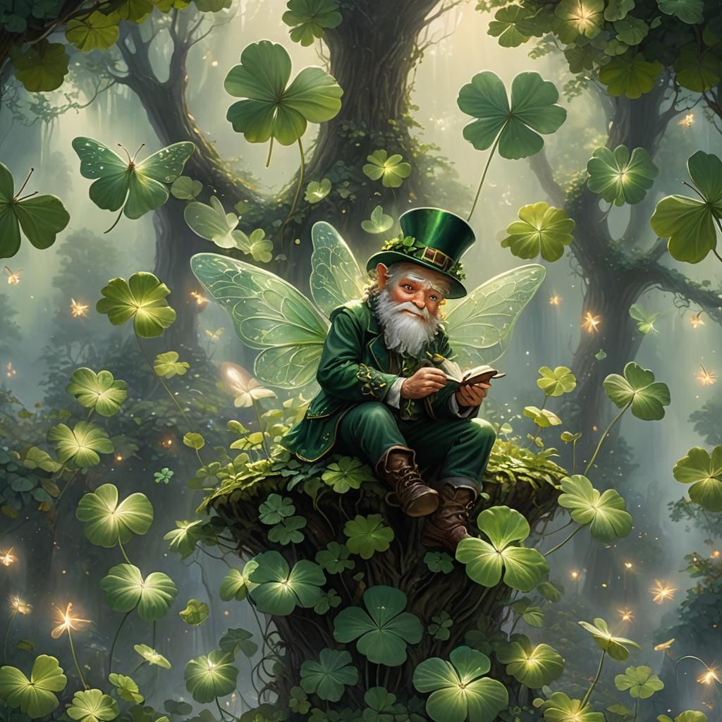 Bioluminescent Leprechaun-Fairy Under Shamrock in Ethereal F...