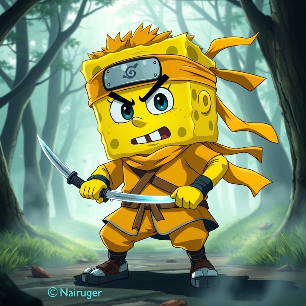 SpongeBob Ninja in Naruto Forest, Anime Style